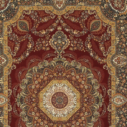 7' X 10' Black Red And Tan Medallion Area Rug With Fringe