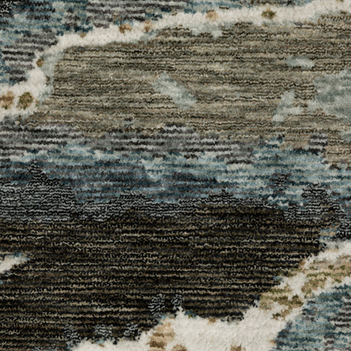 7' X 10' Blue Black And Beige Abstract Area Rug With Fringe