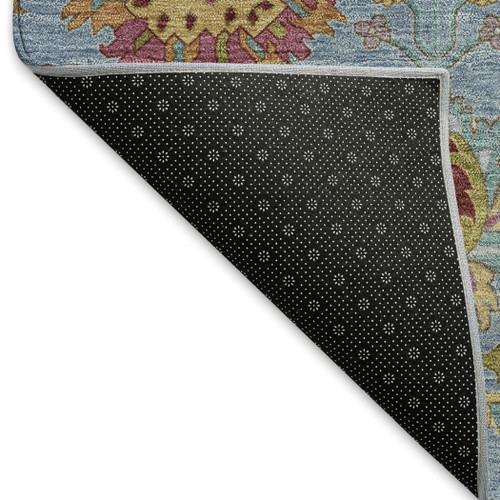 8' X 10' Blue Gold And Pink Damask Washable Indoor Outdoor Area Rug
