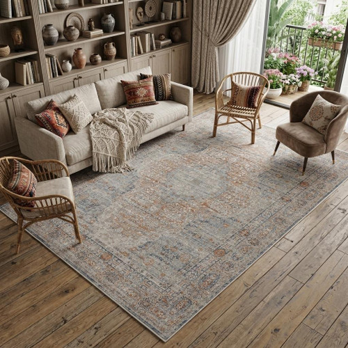 9' X 13' Gray Ivory and Orange Oriental Power Loom Worn Faded Area Rug With Fringe