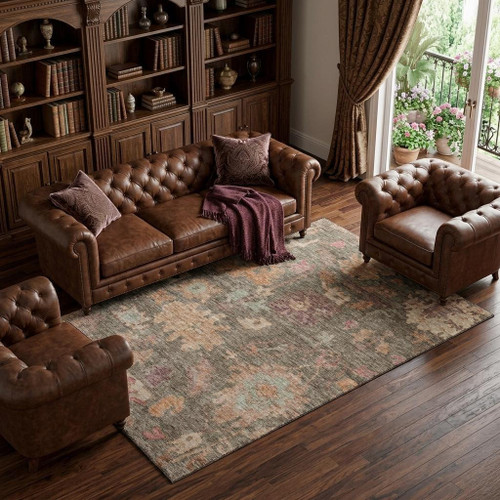 8' X 10' Brown Beige And Coral Floral Washable Area Rug With UV Protection