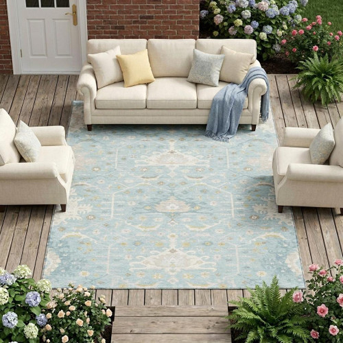 9' X 12' Sky Blue And Blue Oriental Washable Indoor Outdoor Area Rug