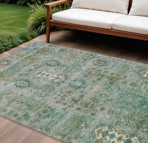 10' X 14' Sage And Gold Tribal Washable Indoor Outdoor Area Rug