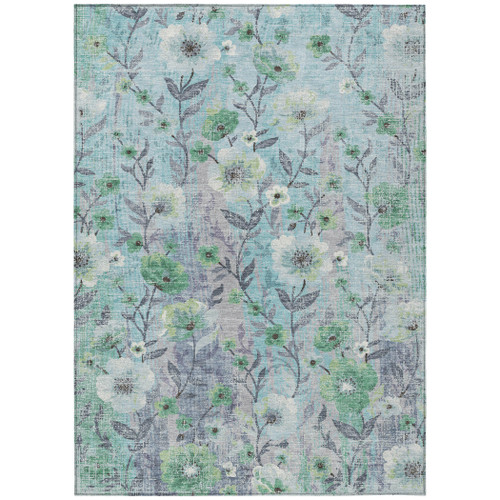 10' X 14' Teal Blue And Pewter Floral Washable Indoor Outdoor Area Rug