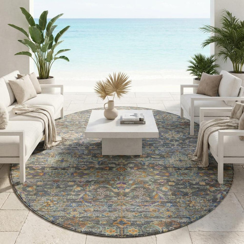 8' Gray And Silver Round Floral Medallion Washable Indoor Outdoor Area Rug