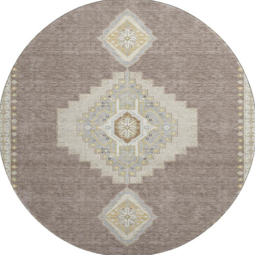 8' Taupe Beige And Ivory Oriental Washable Round Rug With UV Protection