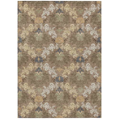 10' X 14' Brown And Taupe Damask Washable Indoor Outdoor Area Rug