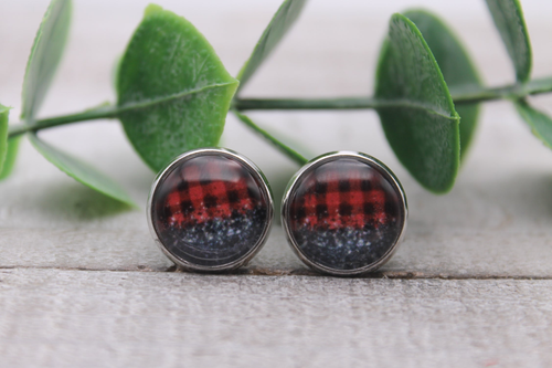 Buffalo Plaid & Black Glitter || Glass Stud Earrings || Hypoallergenic