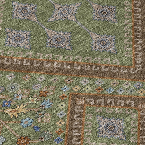 8' X 10' Olive Green And Chocolate Medallion Washable Indoor Outdoor Area Rug
