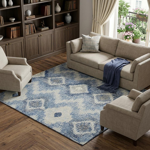 8' X 10' Blue Dark Blue And Gray New Zealand Lambs Wool Ikat Hand Carved Handmade Area Rug