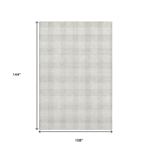 9' X 12' Ivory And Beige Plaid Washable Area Rug With UV Protection