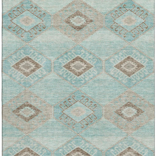 9' X 12' Teal And Beige Geometric Washable Area Rug With UV Protection