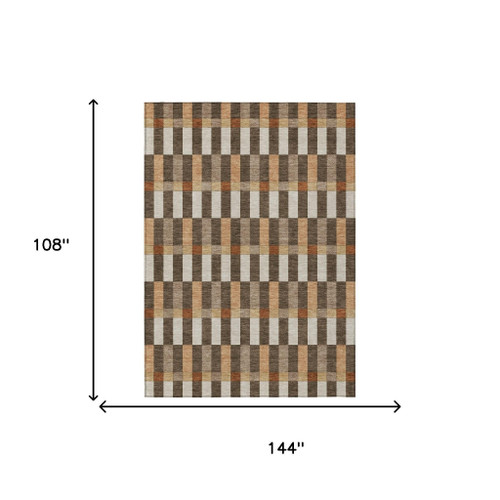 9' X 12' Chocolate And Khaki Geometric Washable Indoor Outdoor Area Rug