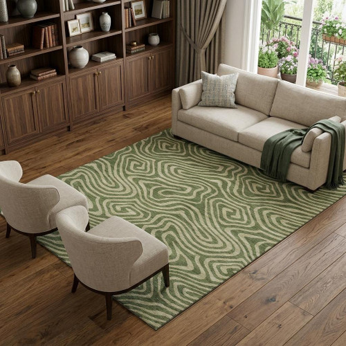 10' X 14' Olive Green And Beige Abstract Washable Area Rug With UV Protection