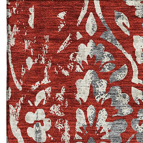 3' X 5' Red And Gray Floral Washable Area Rug With UV Protection