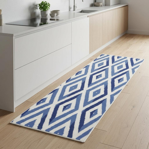 8' Ivory and Blue Geometric Distressed Non Skid Runner Rug