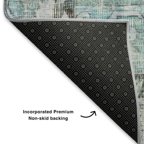 8' Teal And Charcoal Oriental Washable Round Rug With UV Protection