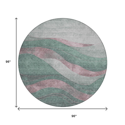 8' Sage And Blush Round Abstract Washable Indoor Outdoor Area Rug