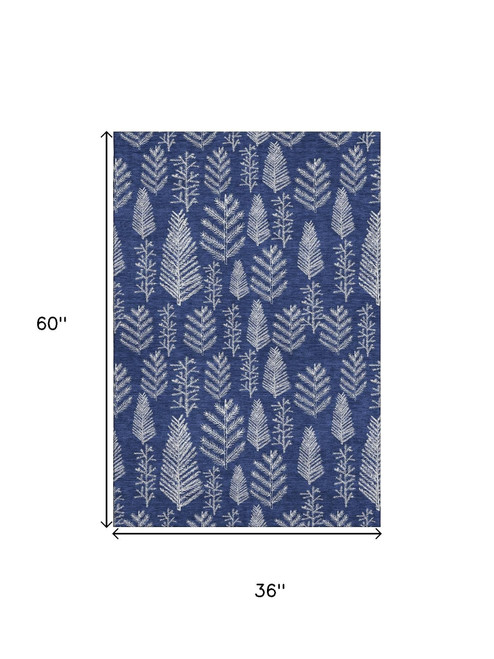 3' X 5' Navy Blue And Ivory Floral Washable Area Rug With UV Protection