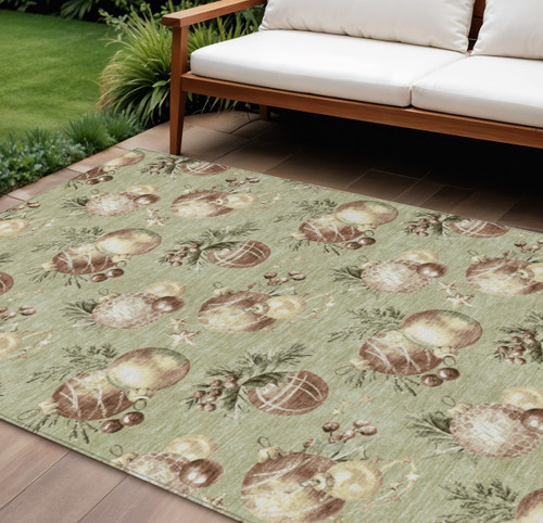 10' X 14' Artichoke Green Brown And Beige Stars Washable Indoor Outdoor Area Rug