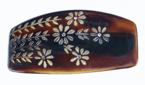 Engraved Barrette Tortoise Shell With Stone 