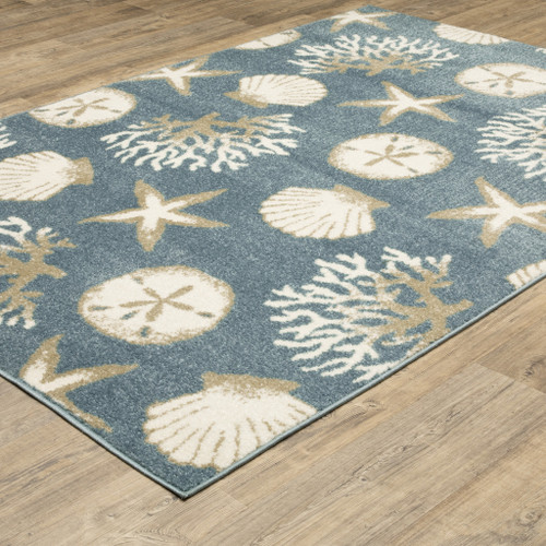 5' X 7' Blue And Beige Seashell and Coral Area Rug
