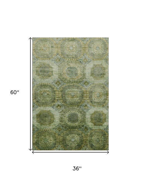 3' X 5' Artichoke Green And Beige Abstract Geometric Washable Area Rug With UV Protection