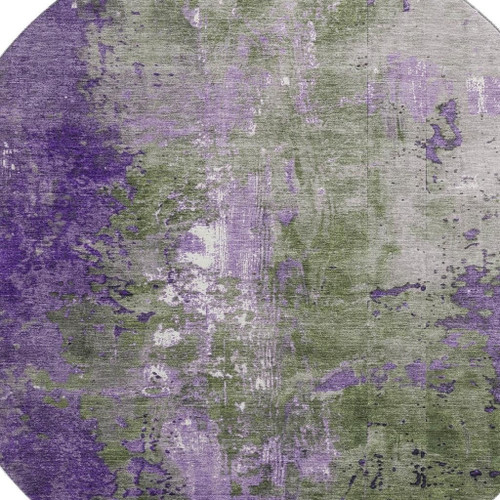 8' Olive Green And Purple Abstract Washable Round Rug With UV Protection