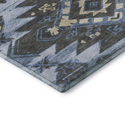 8' X 10' Blue Charcoal And Gray Tribal Washable Area Rug With UV Protection