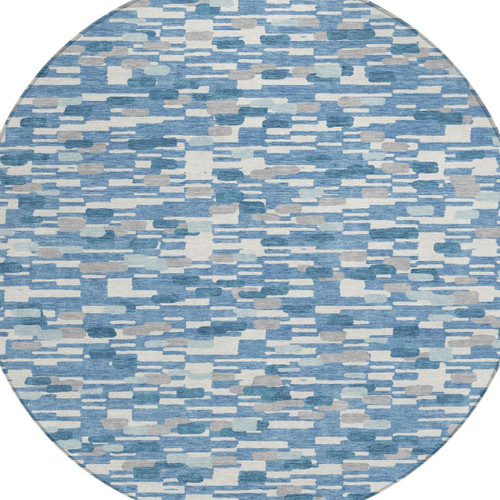 8' Denim Blue And Blue Round Geometric Washable Indoor Outdoor Area Rug
