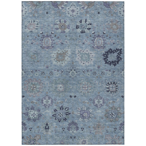 10' X 14' Denim Blue And Gray Damask Washable Indoor Outdoor Area Rug
