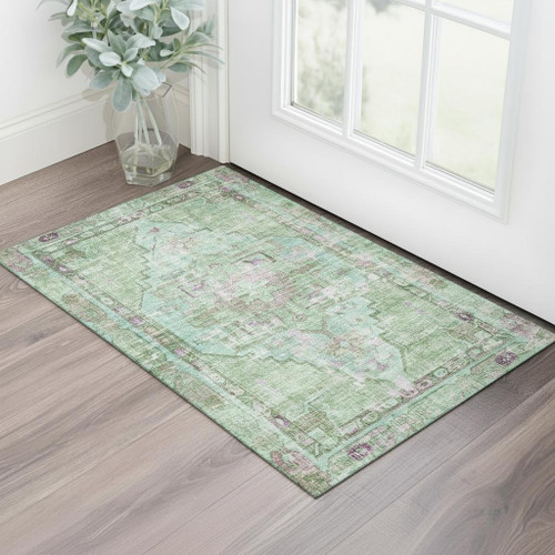 3' X 5' Artichoke Green Lavender And Teal Oriental Washable Area Rug With UV Protection