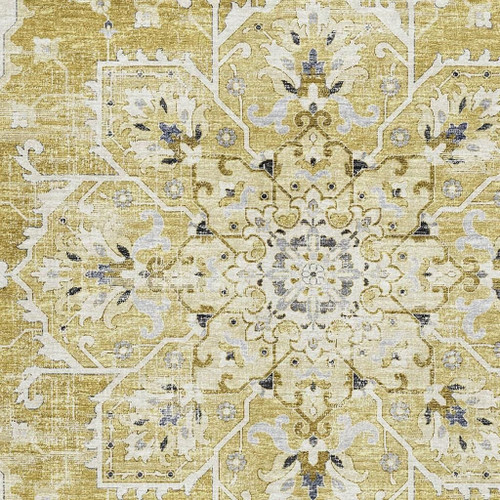 10' X 14' Gold Ivory And Blue Floral Medallion Distressed Washable Area Rug With UV Protection
