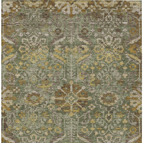 9' X 12' Olive Green And Green Damask Washable Indoor Outdoor Area Rug