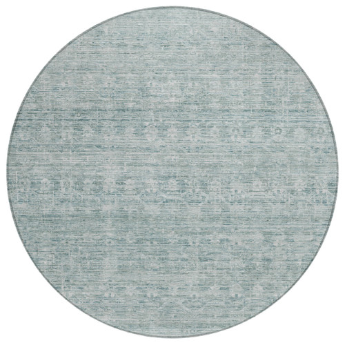 8' Turquoise And Ivory Round Striped Washable Indoor Outdoor Area Rug