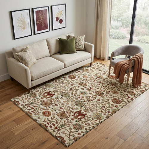 5' X 8' Ivory Red And Blue Floral Washable Area Rug With UV Protection