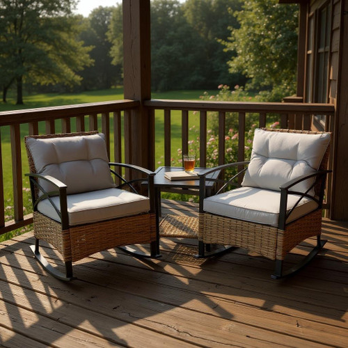 Three Piece Black Natural and Gray Rattan Two Person Seating Group With Table