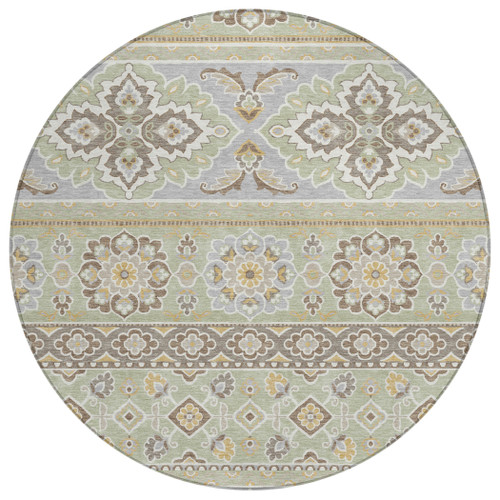 8' Green And Ivory Round Tribal Washable Indoor Outdoor Area Rug