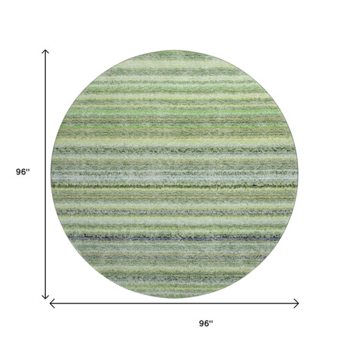 8' Green And Blue Striped Washable Round Rug With UV Protection