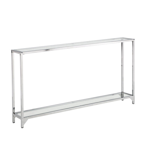 56" Clear and Silver Glass and Iron Frame Console Table With Shelf