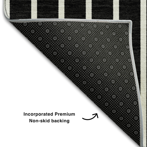 5' X 8' Black Ivory And Gold Striped Washable Area Rug With UV Protection