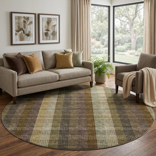 8' Brown Ivory And Plum Plaid Washable Round Rug With UV Protection