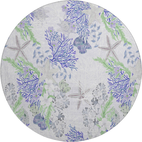 8' Blue Ivory And Lime Green Geometric Washable Round Rug With UV Protection
