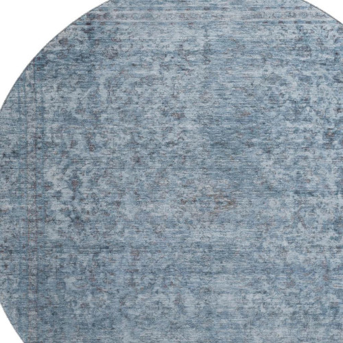 8' Blue And Gray Oriental Washable Round Rug With UV Protection