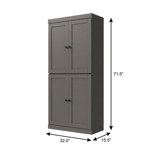 72" Gray Solid Wood Adjustable Six Tier Library Bookcase with Four Doors
