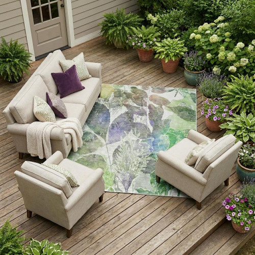 8' X 10' Green And Ivory Botanical Leaves Washable Indoor Outdoor Area Rug