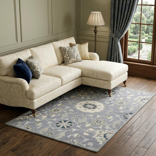 8' X 10' Gray Taupe And Tan Wool Floral Hand Tufted Area Rug