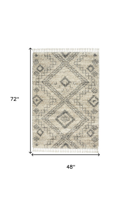 4' X 6' Beige And Gray Geometric Shag Non Skid Area Rug With Fringe