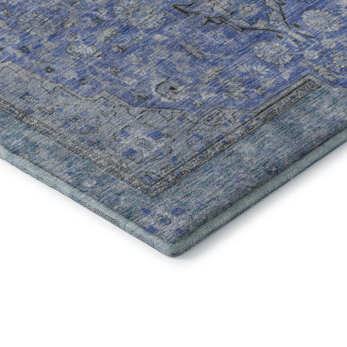 8' Blue And Gray Floral Medallion Washable Round Rug With UV Protection