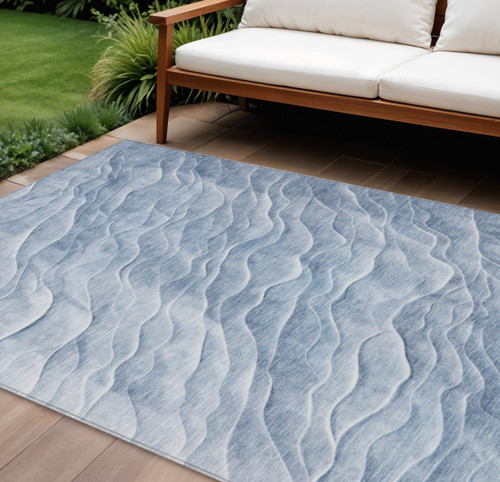 8' X 10' Denim Blue And Blue Abstract Washable Indoor Outdoor Area Rug